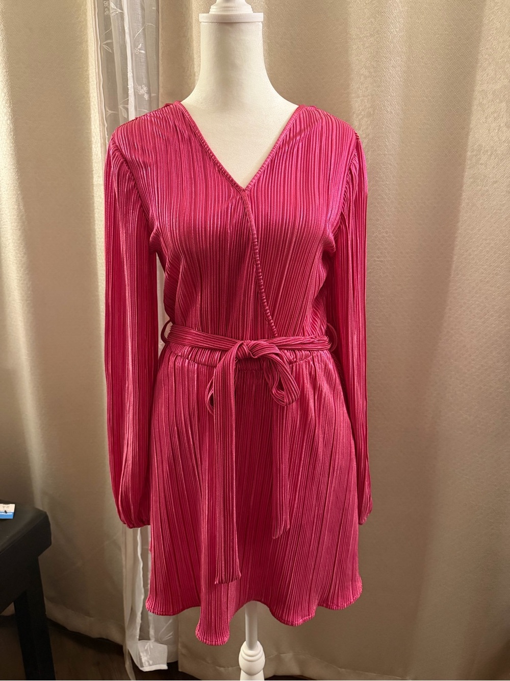 Bardot Long-Sleeve Pleated Fuchsia Wrap Dress with Tie Waist